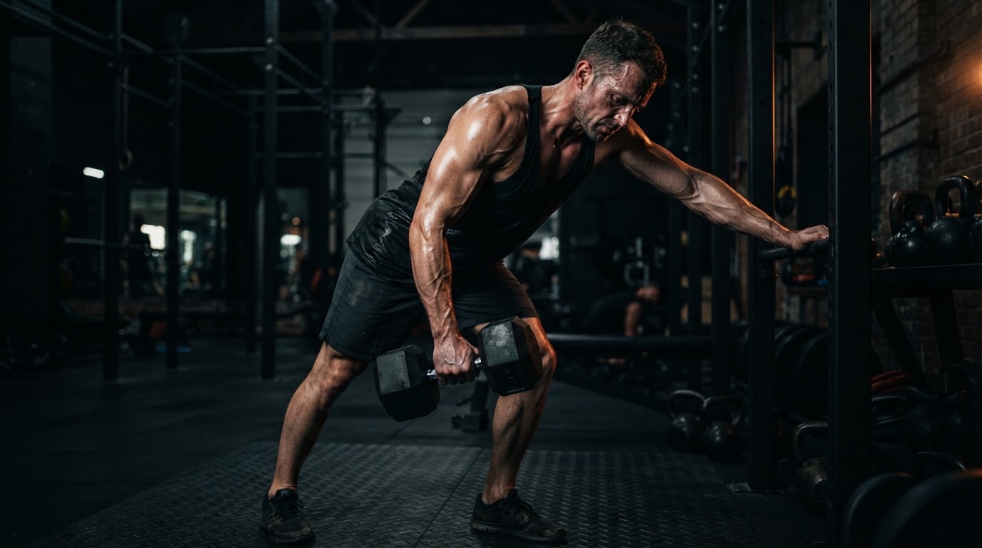 Athletic entrepreneur training in a moody dark gym