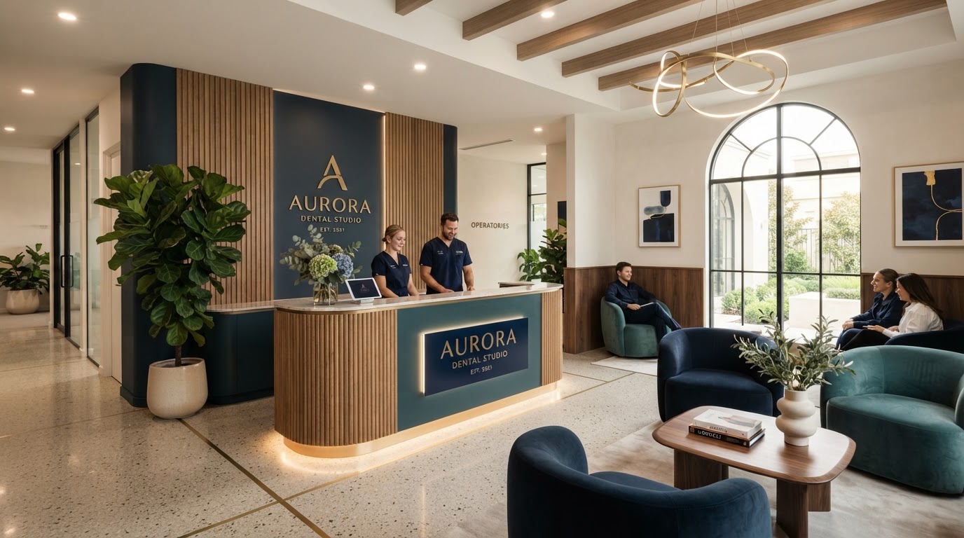Interior moderno da clínica odontológica com tecnologia e design premium