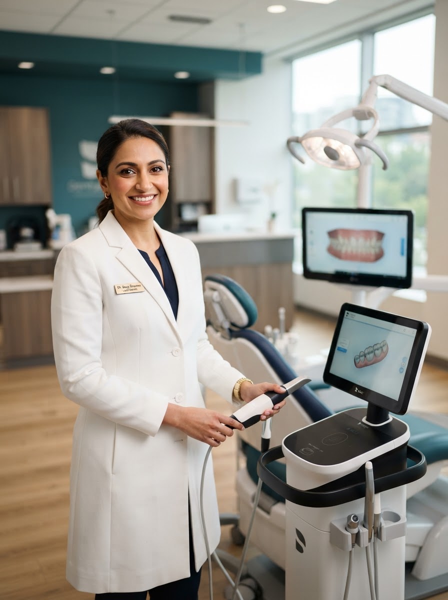 Dentista sorrindo ao lado de cadeira odontológica moderna em clínica premium