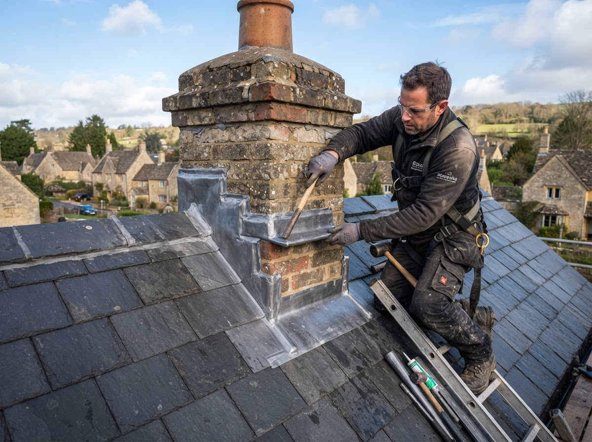 Roofer installing lead flashing around a chimney on a slate roof
