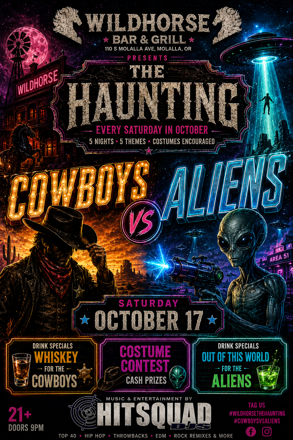 The Haunting: Cowboys vs Aliens official poster for Saturday October 17 at Wildhorse Bar & Grill.