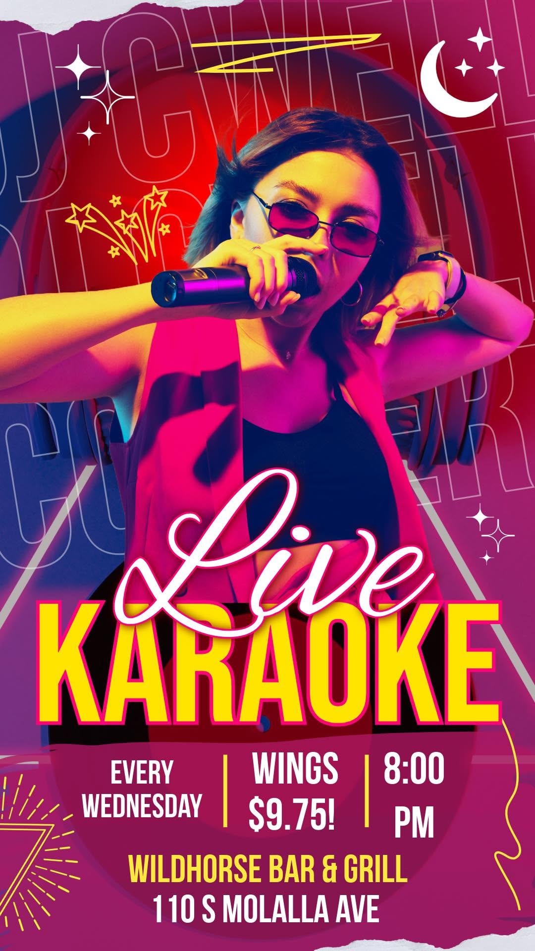 Wildhorse Bar & Grill Live Karaoke every Wednesday flyer.