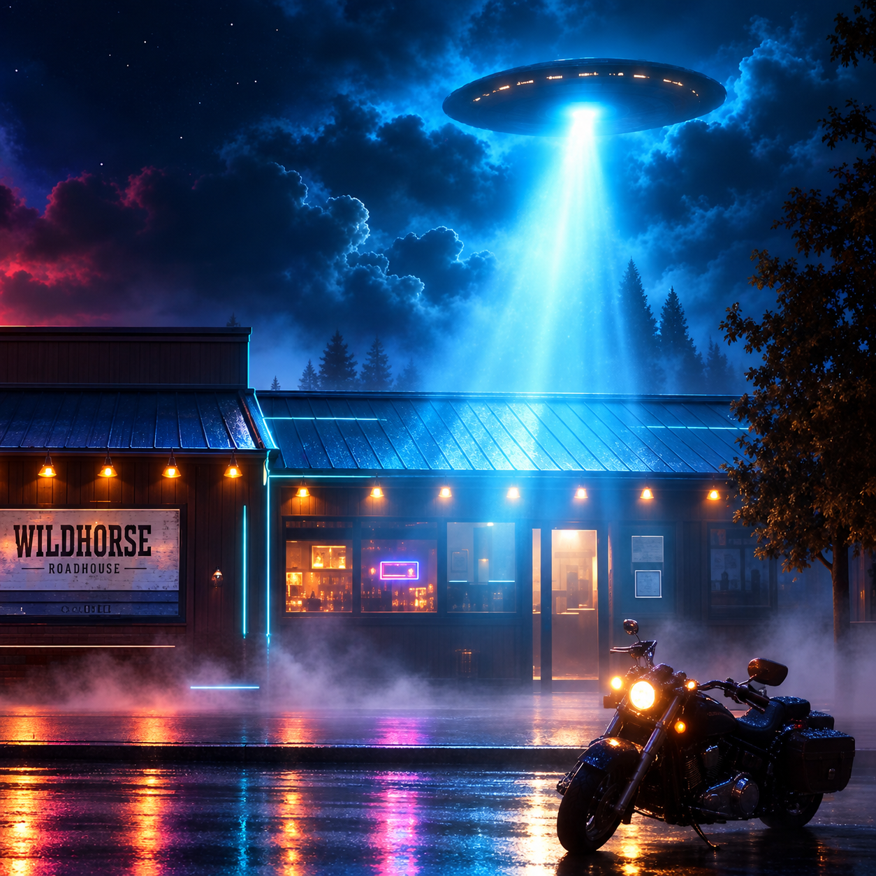 Wildhorse Roadhouse exterior at night with a glowing UFO overhead projecting a vibrant cyan beam onto the roof and street.