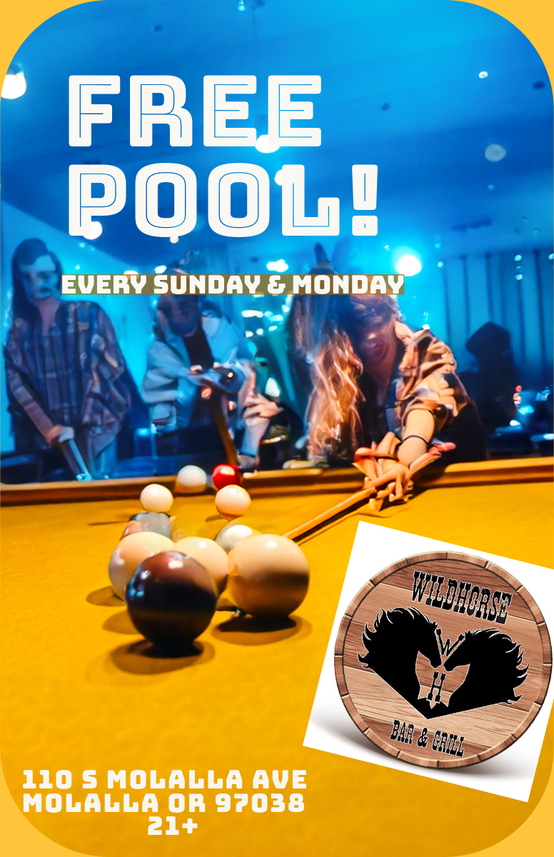 Wildhorse Bar & Grill Free Pool every Sunday and Monday flyer.