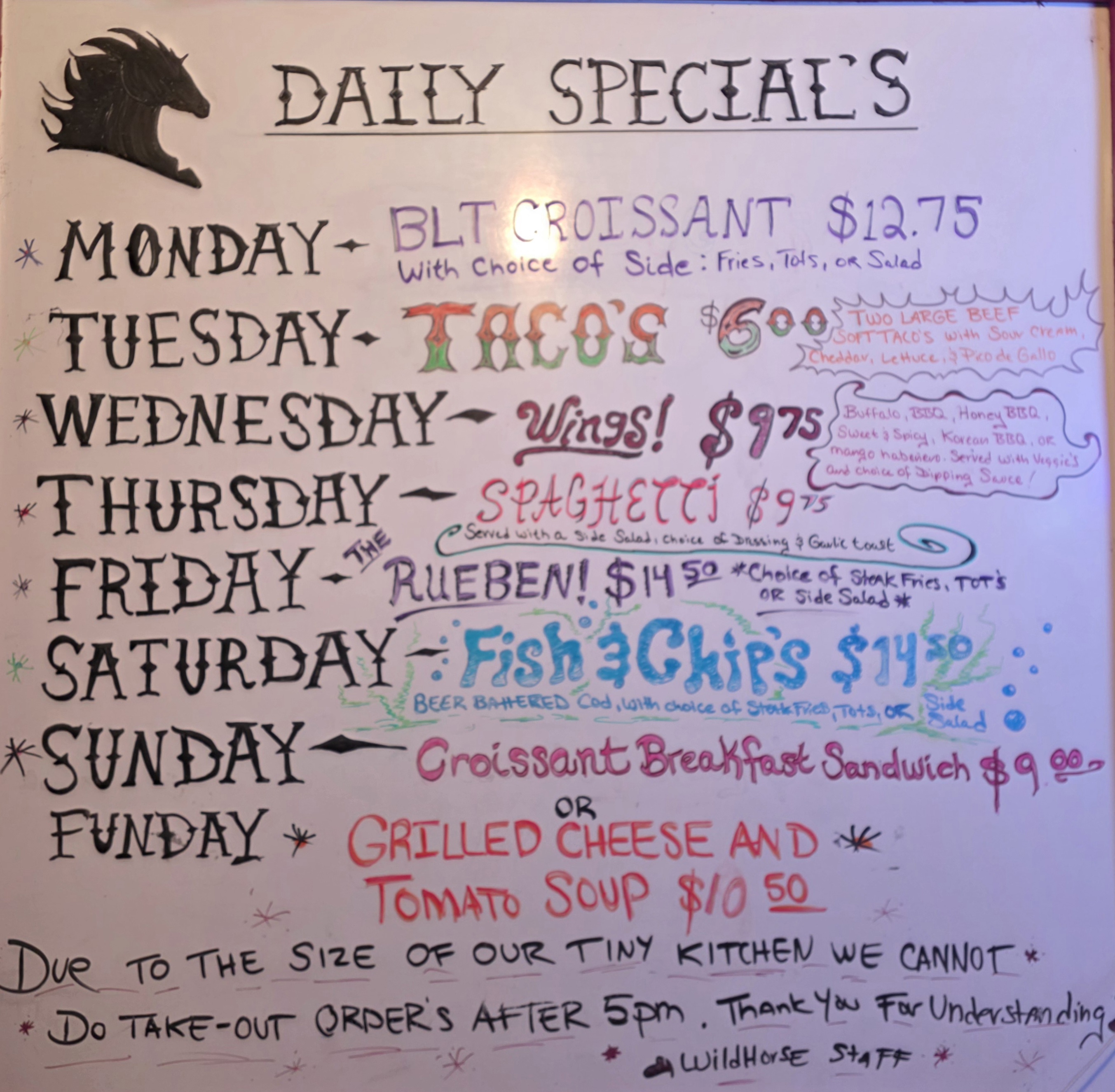 Wildhorse Bar & Grill handwritten daily specials board