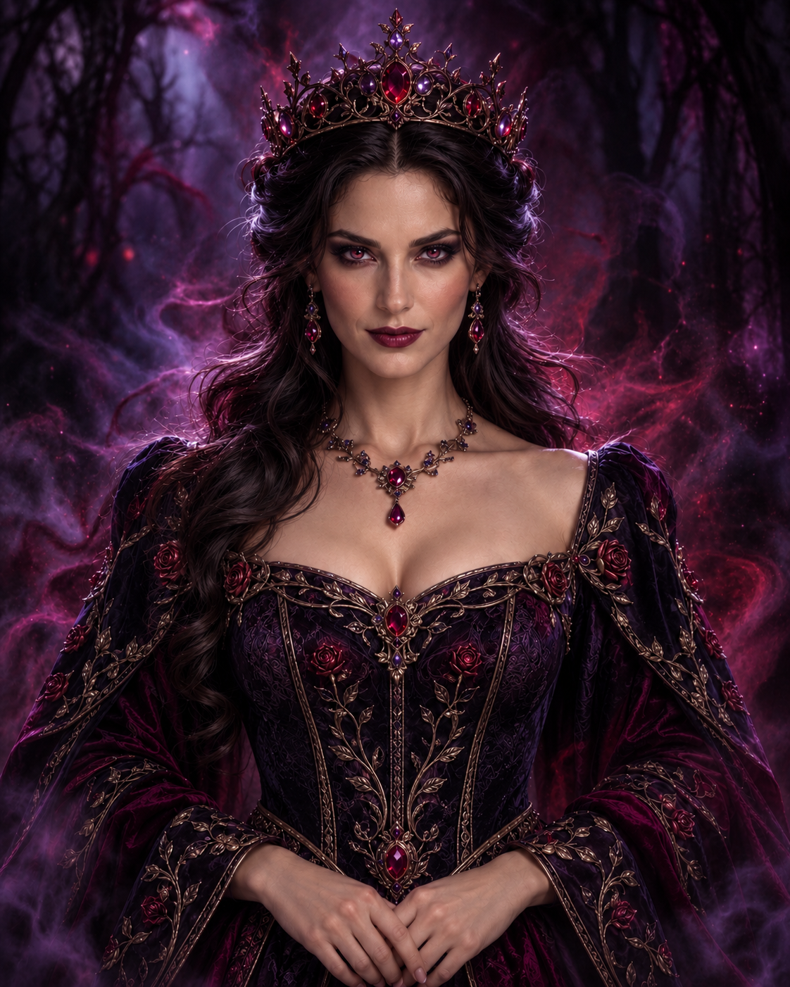 Gothic Evil Queen in darkened oxblood velvet and crimson crown