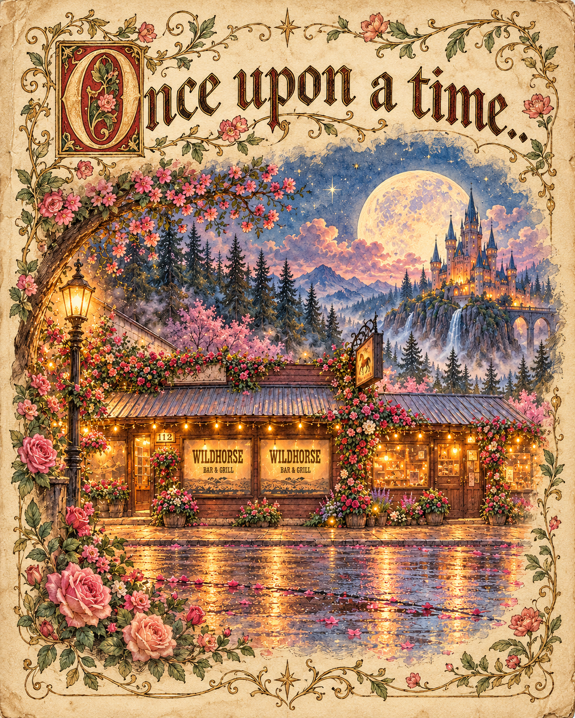Vintage fairytale illustration of Wildhorse Bar & Grill beneath a glowing moon and castle.