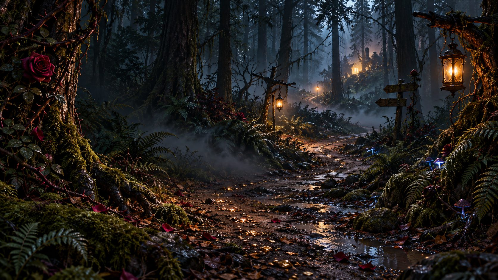 Dark enchanted woodland trail lit by lanterns, with roses, fog, and a distant golden light