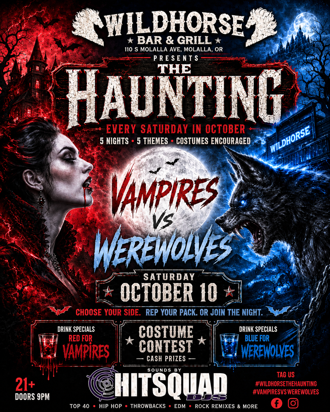 The Haunting: Vampires vs Werewolves official poster for Saturday October 10 at Wildhorse Bar & Grill.