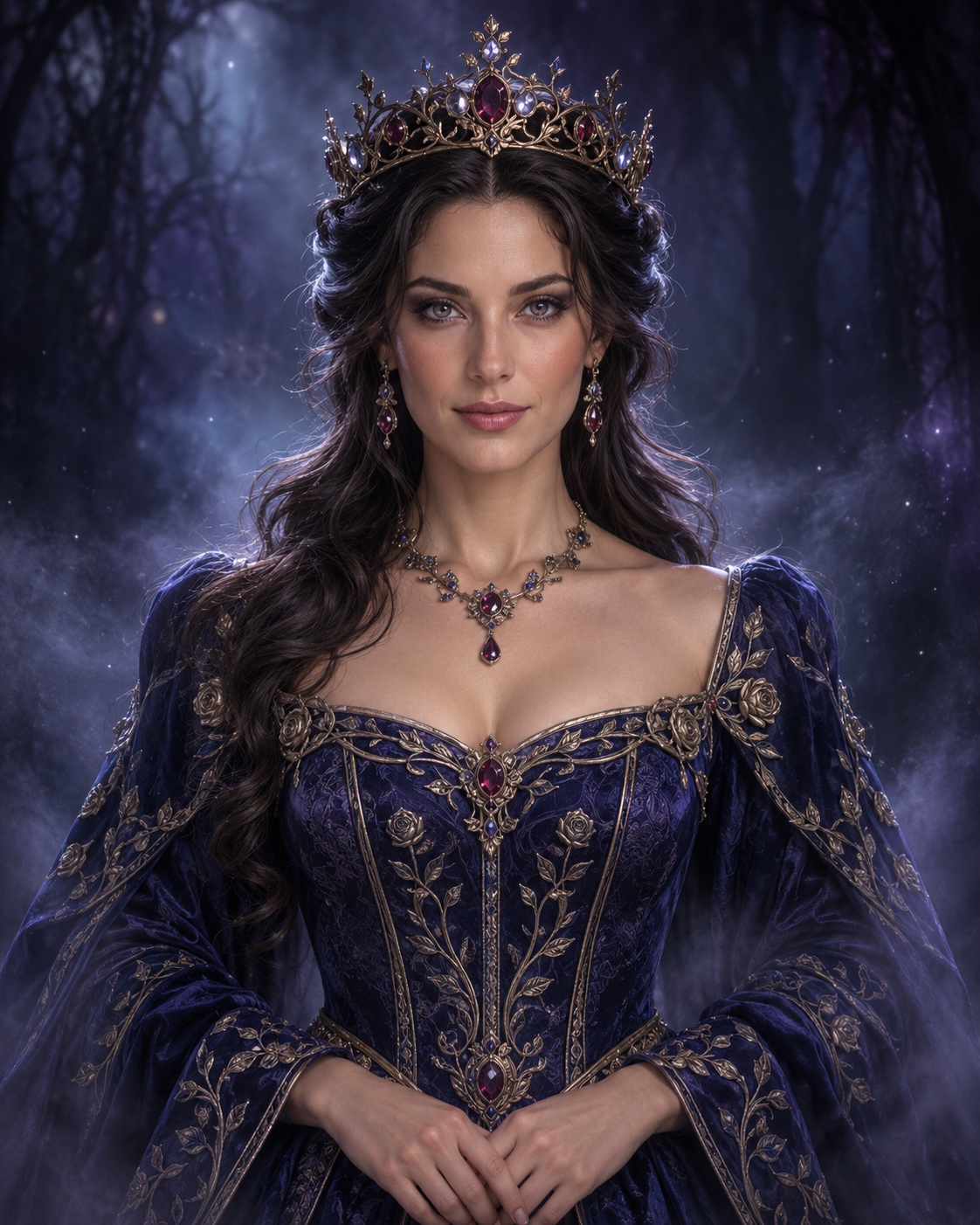 Regal Moonlit Forest Queen in blue velvet gown and moonlit crown