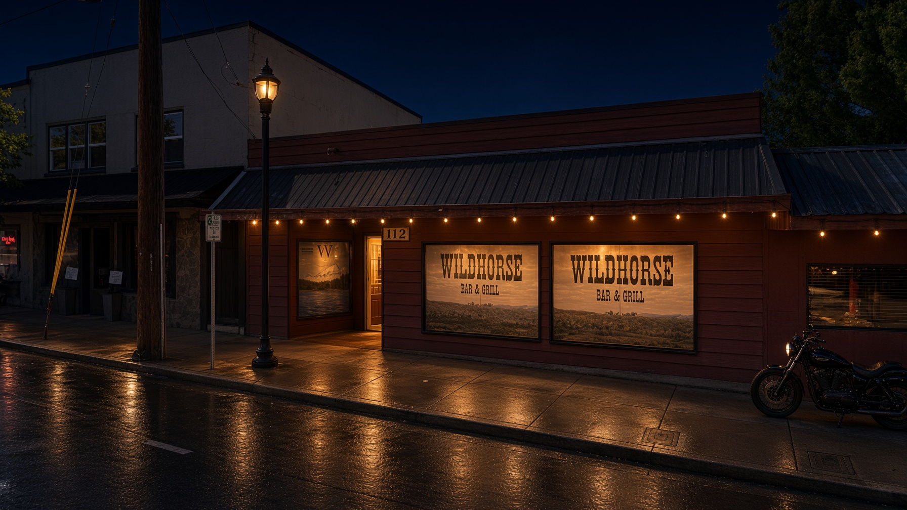 Wildhorse Bar & Grill at night, Molalla, Oregon.
