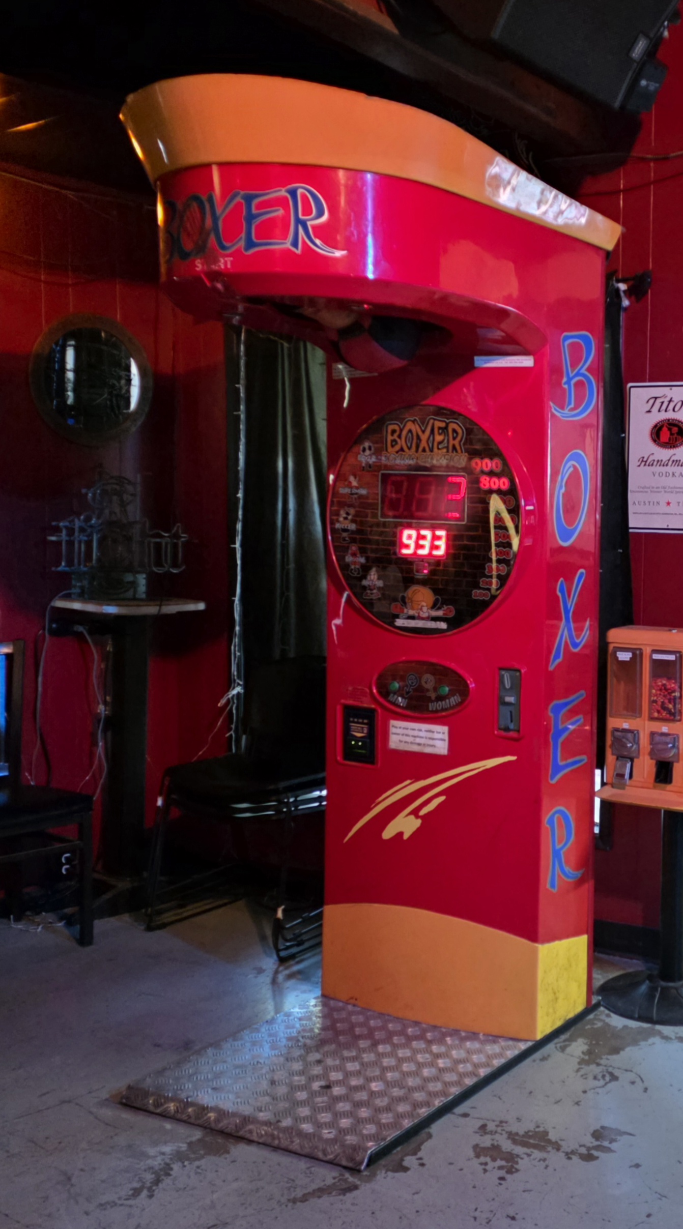 Wildhorse Bar & Grill red Boxer punch strength testing arcade game machine with digital score readout