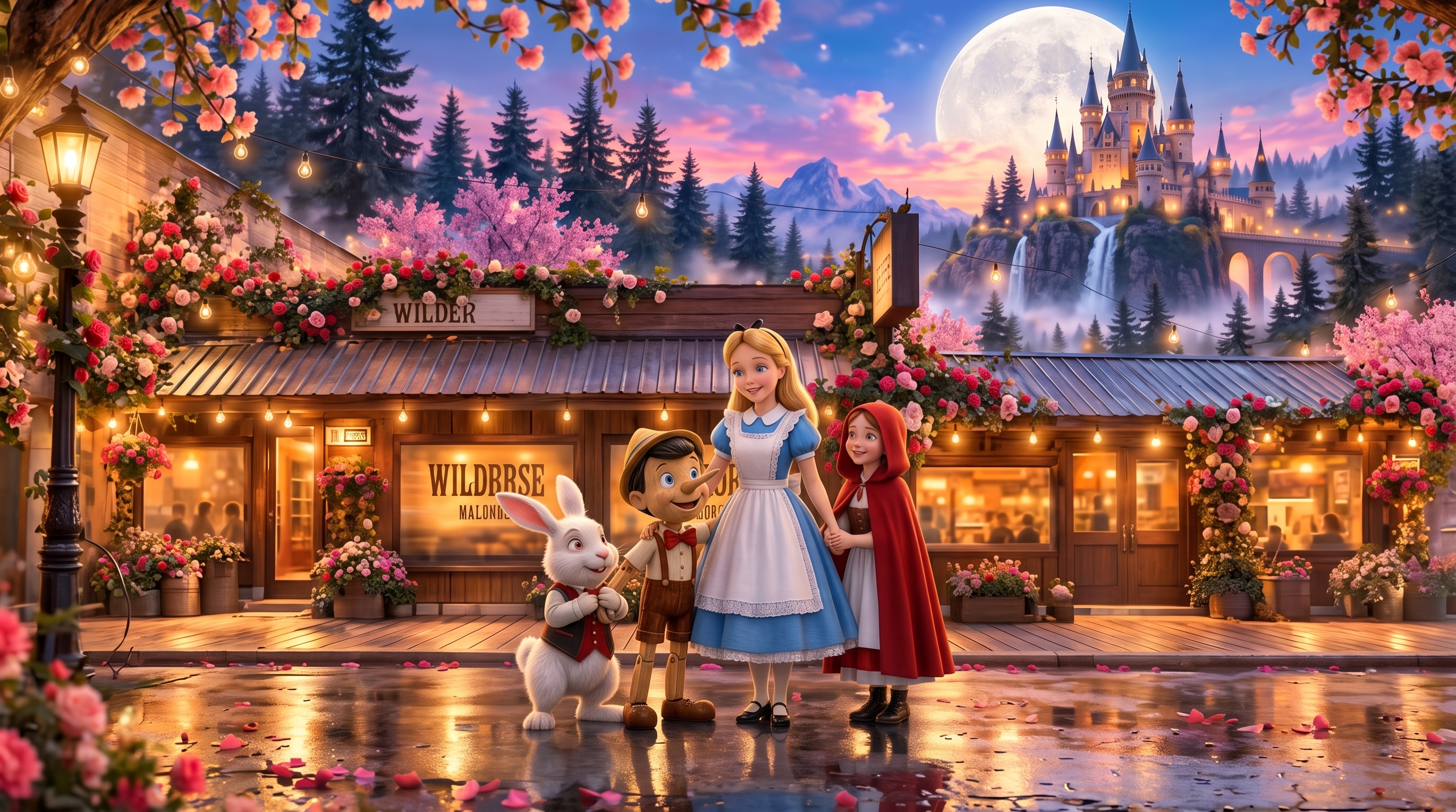 Before the curse: A warm, wholesome fairytale scene at the Wildhorse with flowers, castle, and cheerful characters