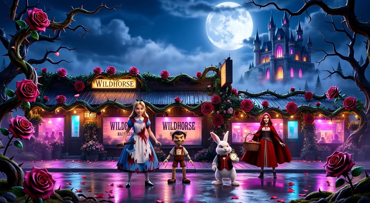 After the curse: The corrupted Freaky Fairytales world at the Wildhorse with thorns, gothic castle, and transformed characters