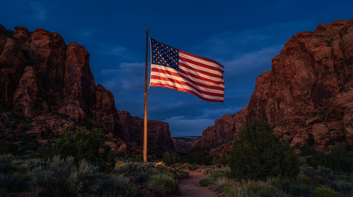 Giant American flag at dusk between the red cliffs of Snow Canyon