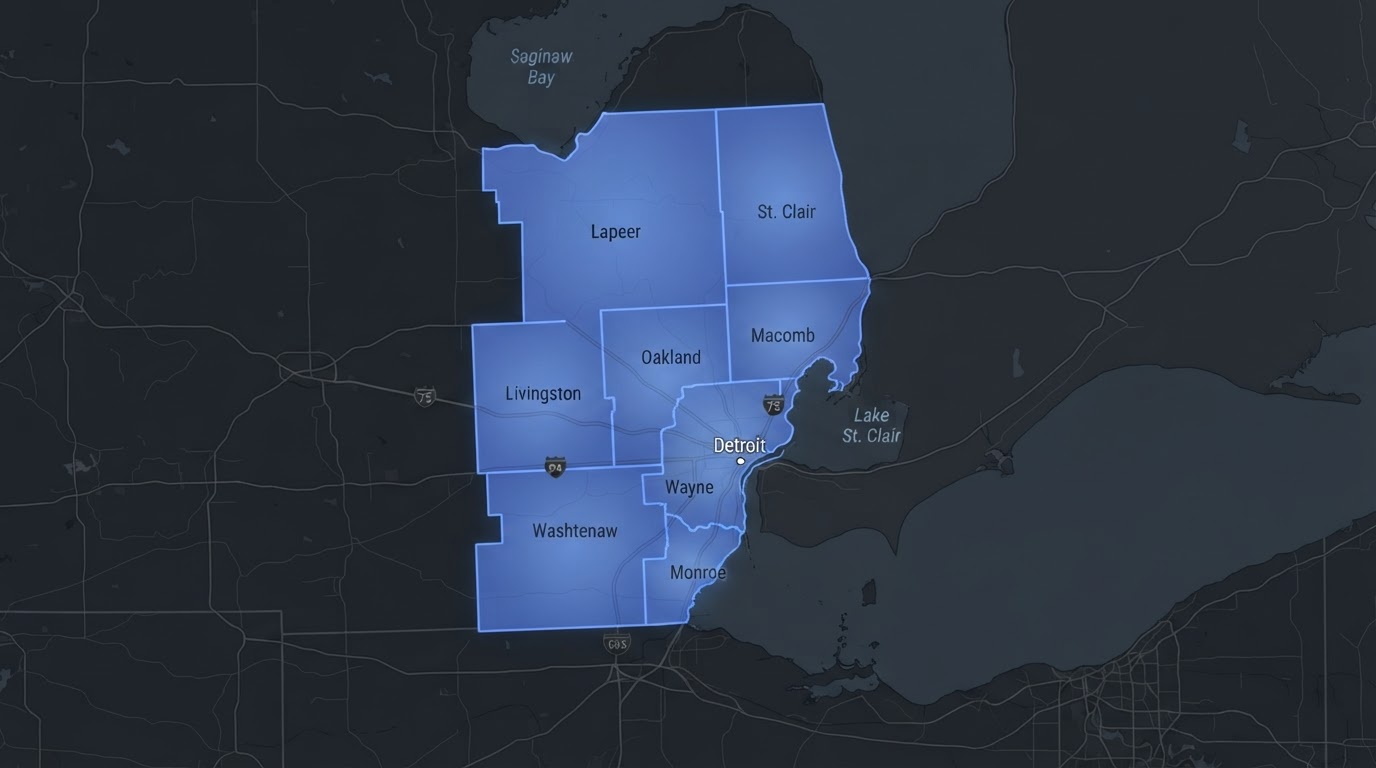 ZaShoots Metro Detroit coverage map highlighting the entire metropolitan Detroit region across southeast Michigan