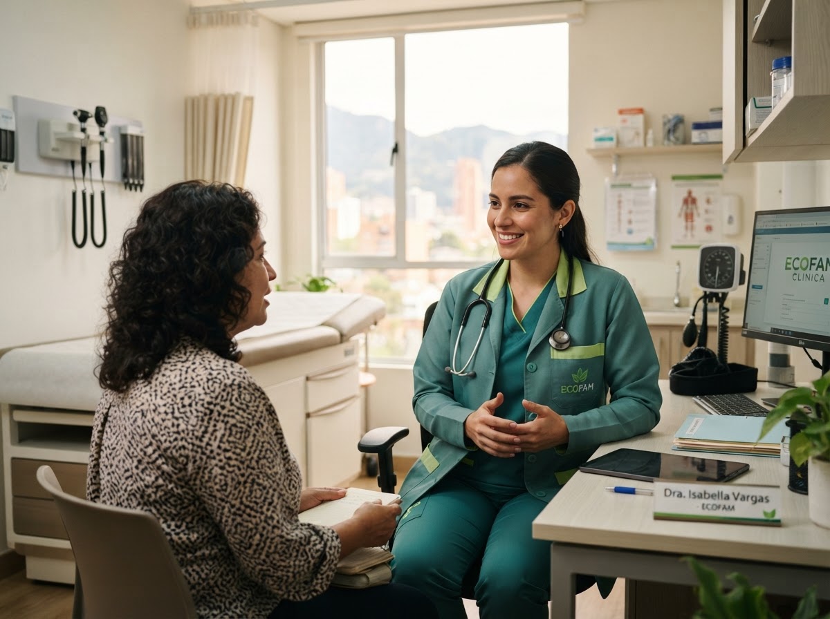 Médica de Ecofam con uniforme institucional teal durante consulta confidencial en Bogotá
