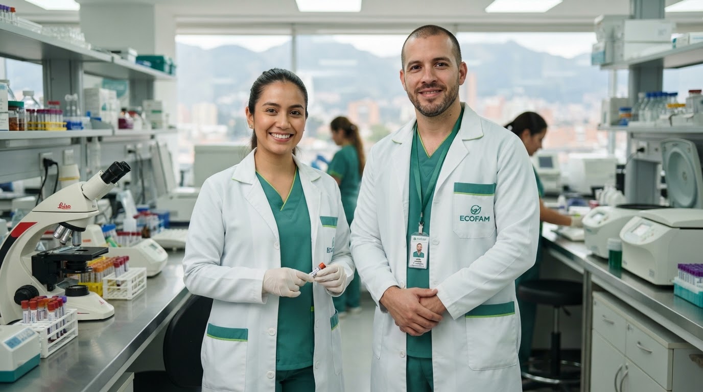 Personal médico de Ecofam con uniformes institucionales teal en laboratorio de Bogotá