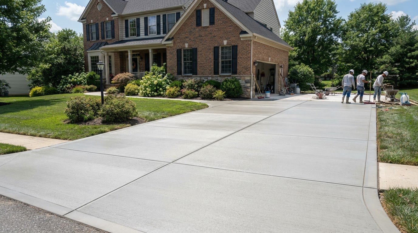 Finished concrete driveway at a Maryland home installed by Waldorf Concrete
