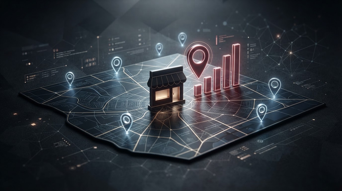 Abstract dark visual of a local map with glowing location pins representing Google Maps rankings
