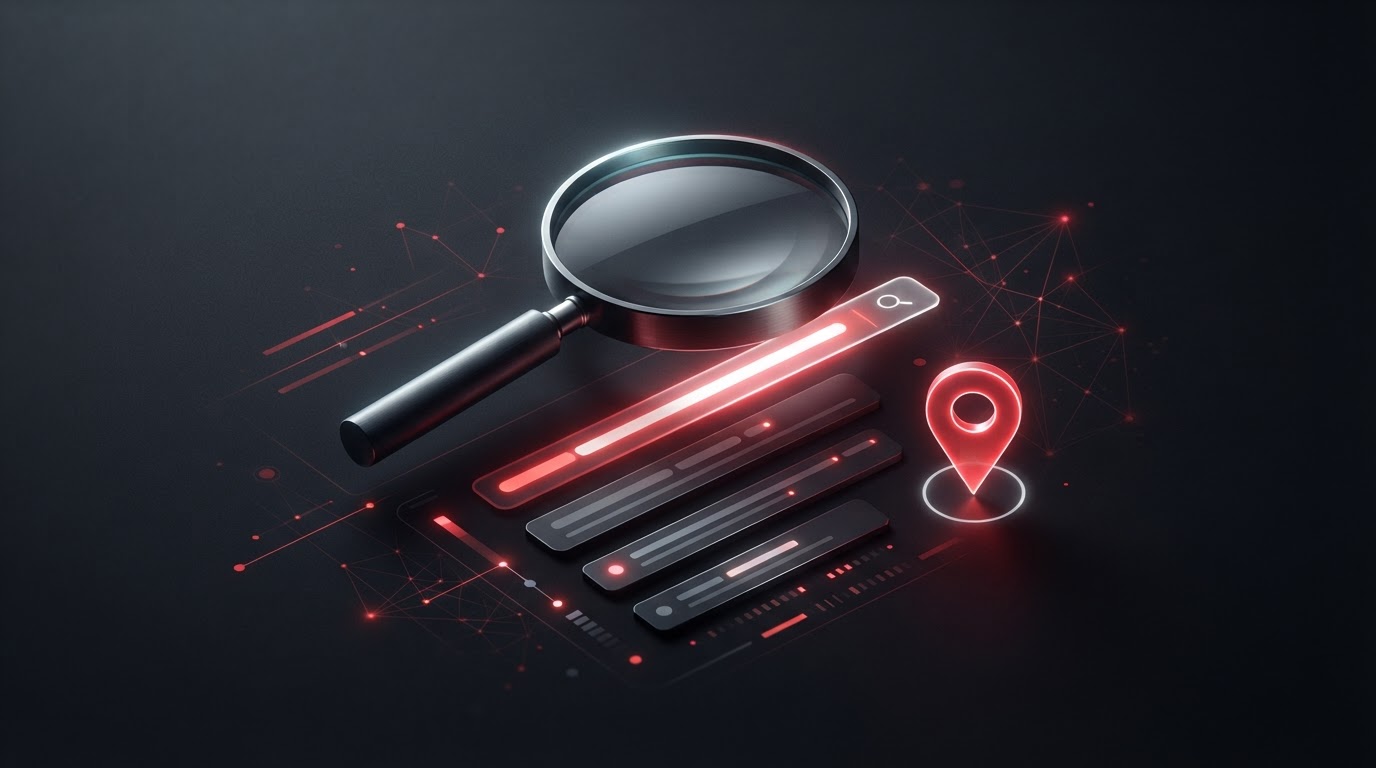 Abstract dark visual of a magnifying glass over search result bars representing Google visibility
