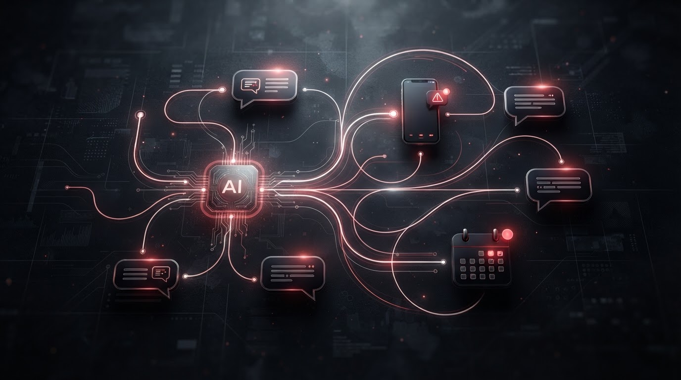 Abstract dark visual of automated workflow connecting message bubbles, phone, and calendar