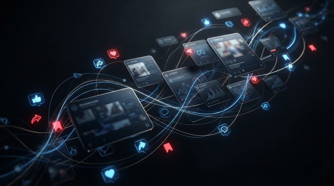 Abstract dark visual of social media ad cards and engagement metrics without conversions