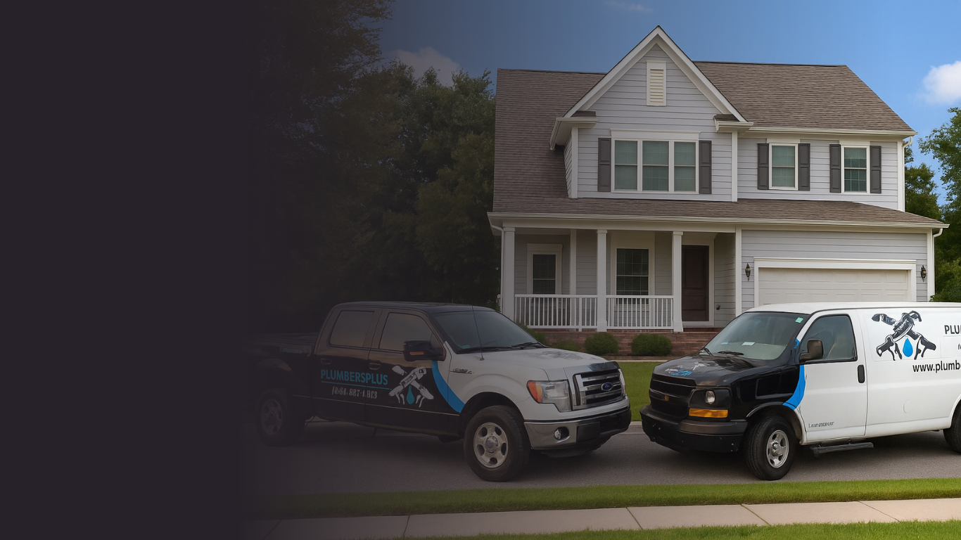 Plumbers Plus service trucks parked outside a Fort Wayne home