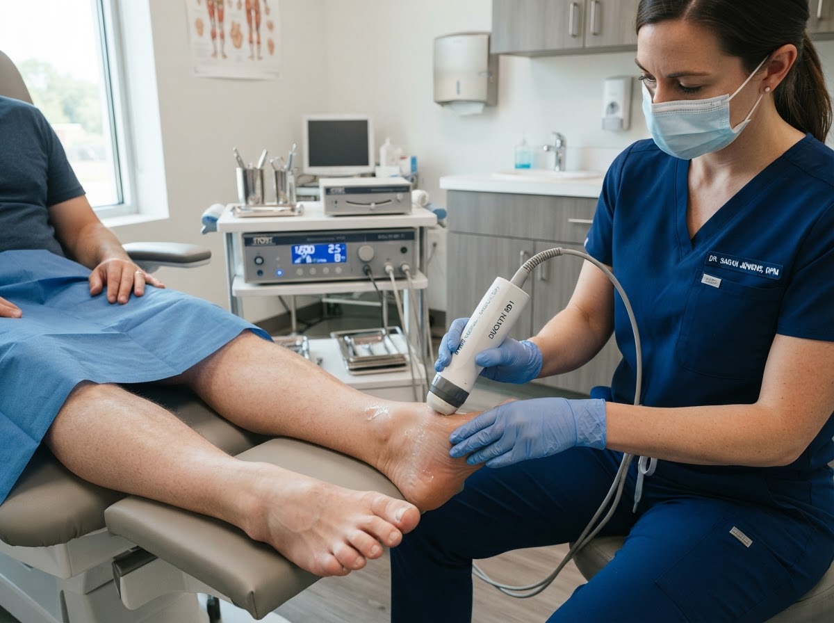 Extracorporeal shockwave therapy applicator on heel at District Foot & Ankle