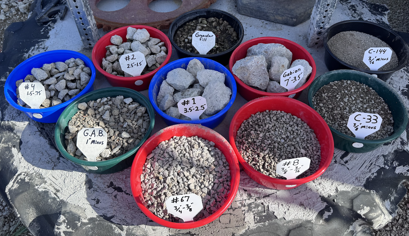 Visual display of crushed concrete aggregate sizes including Gabion, #1, #2, #4, G.A.B., #67, #8, Granular Fill, C-33, and C-144