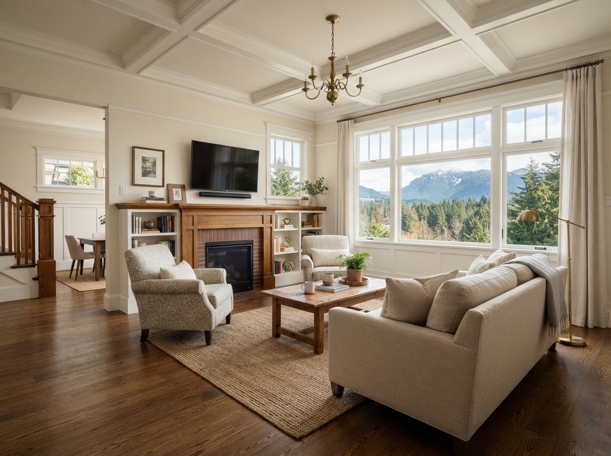 Carefully renovated living space with custom millwork and natural hardwood flooring
