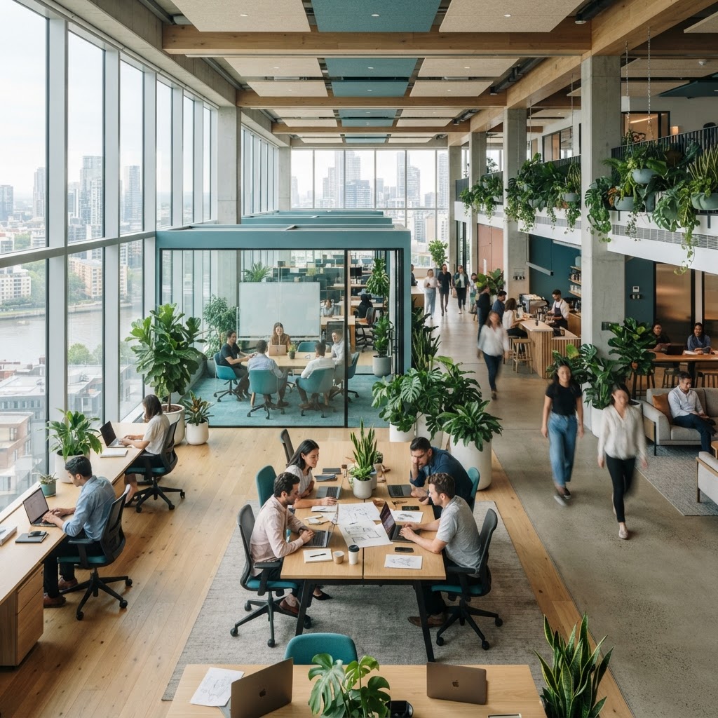 People working and collaborating in a modern open workspace