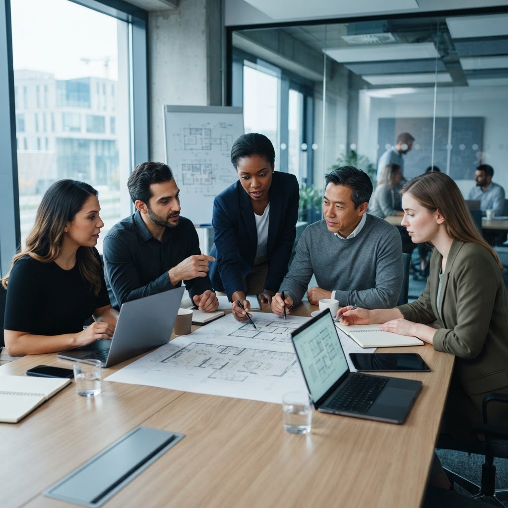 Business team reviewing plans and collaborating around a table