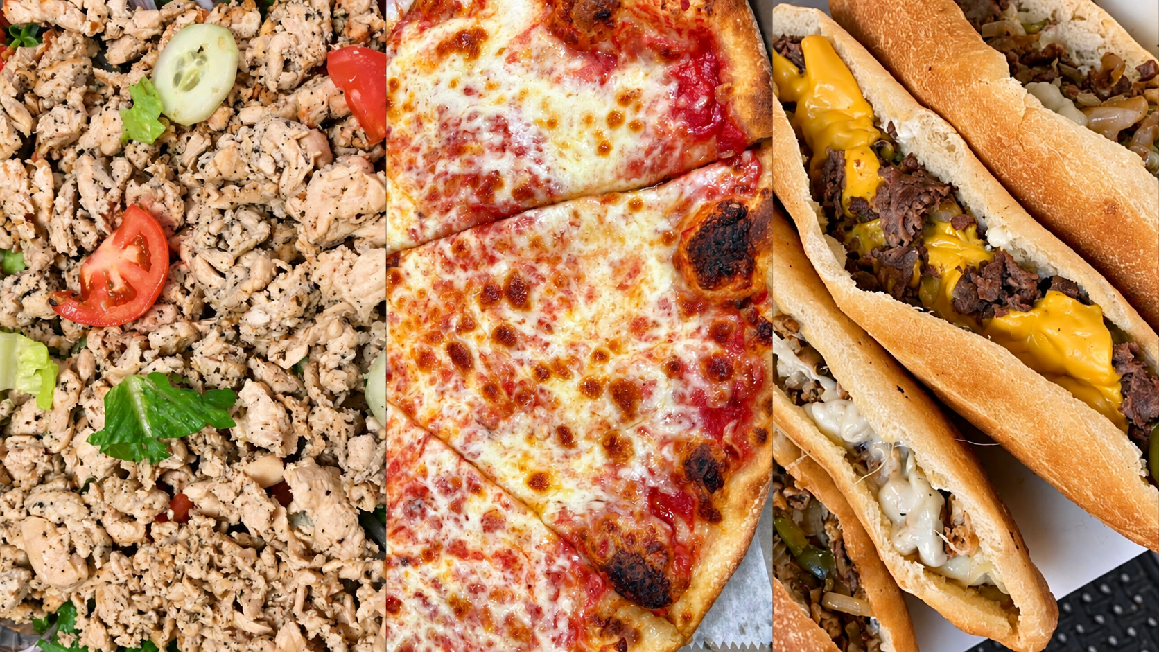 Capri catering spread with fresh salads, pizza, and subs