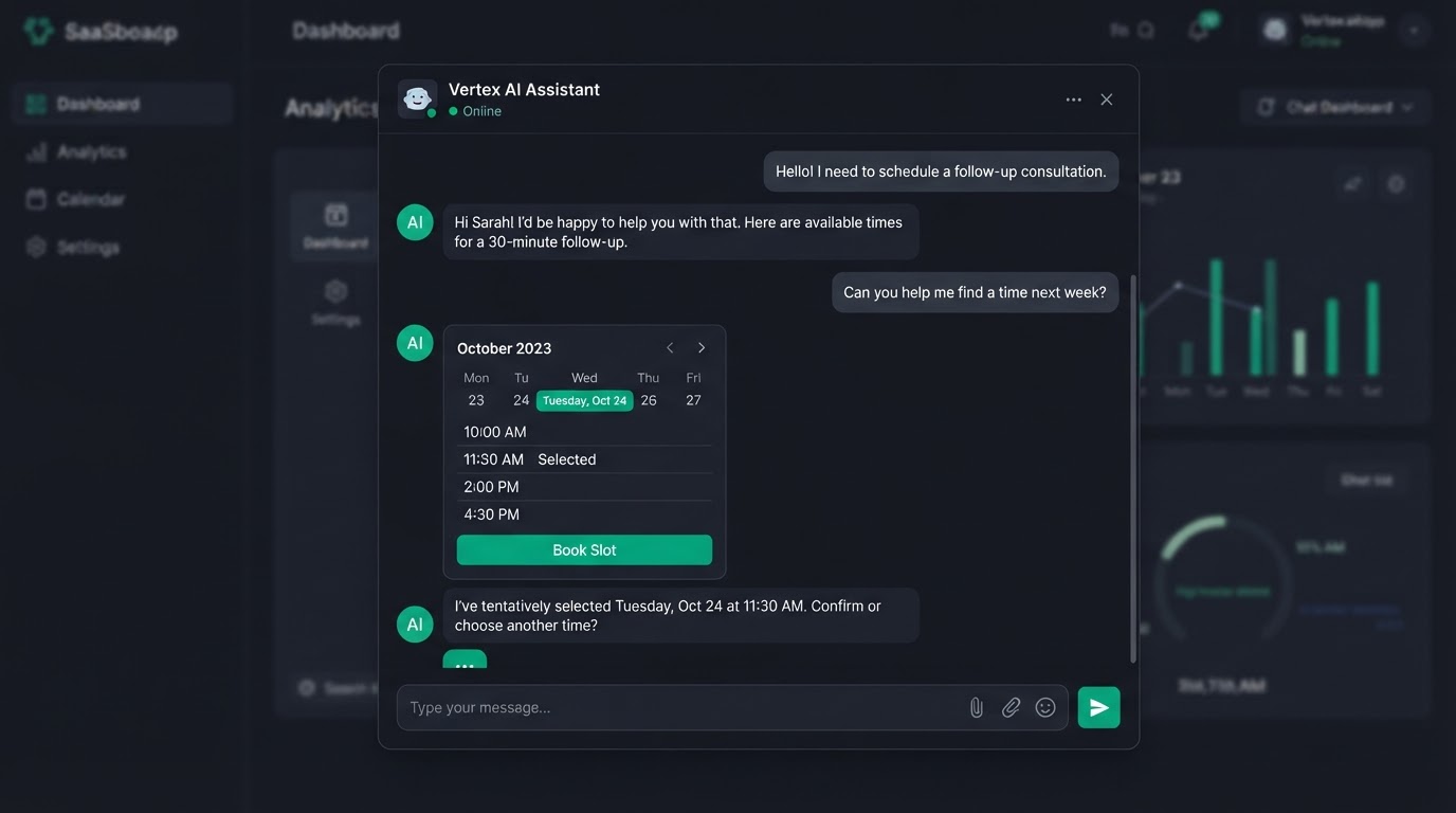 GoHighLevel AI chatbot chat window with message bubbles and a calendar booking widget