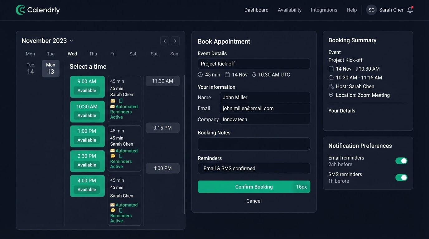 GoHighLevel calendar booking screen with open time slots and an appointment form