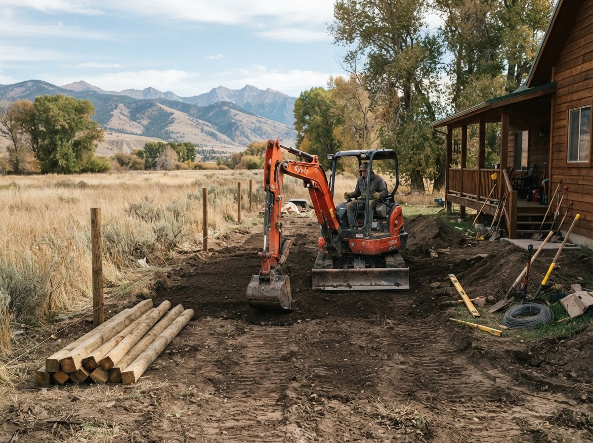 Compact mini excavator prepping a residential backyard for landscaping and fencing in Montana