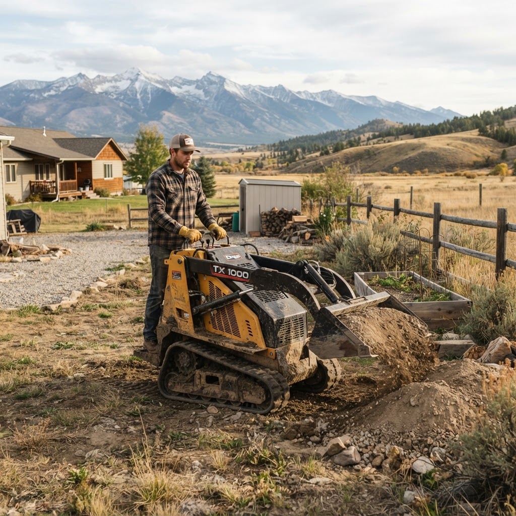 Operator using a compact dingo mini loader for a small unique odd job on a rural Montana property