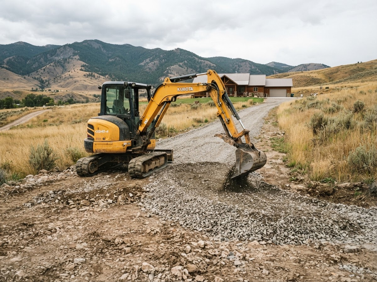 Compact mini excavator grading and spreading gravel on a rural Montana driveway