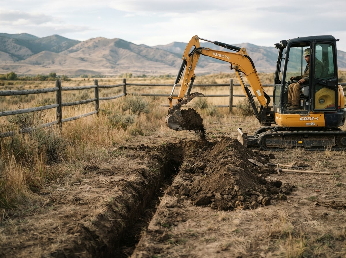 Compact mini excavator digging a narrow trench through dirt in a small Montana backyard