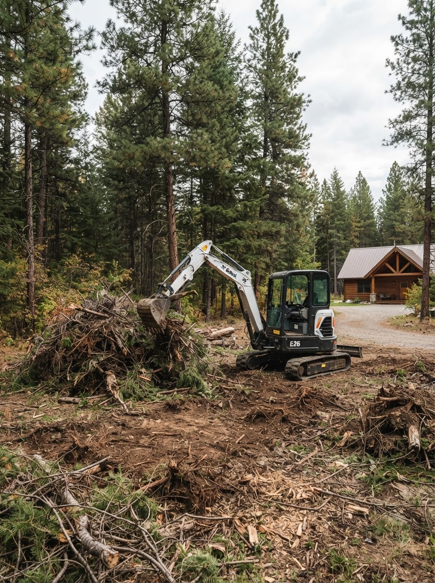 Compact mini excavator clearing brush and debris from a wooded Montana property