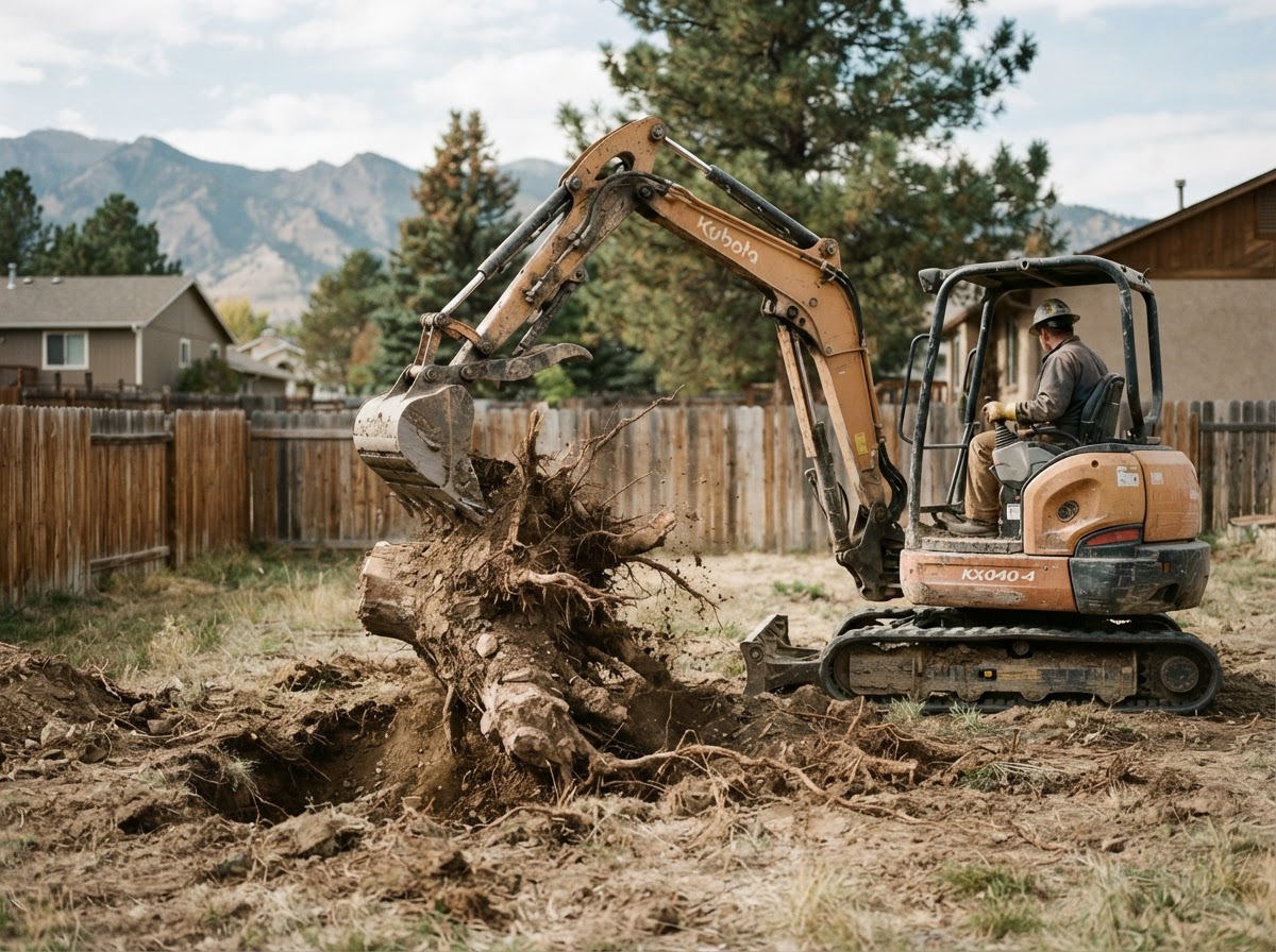 Compact mini excavator pulling a stubborn stump out of the ground on a Montana property