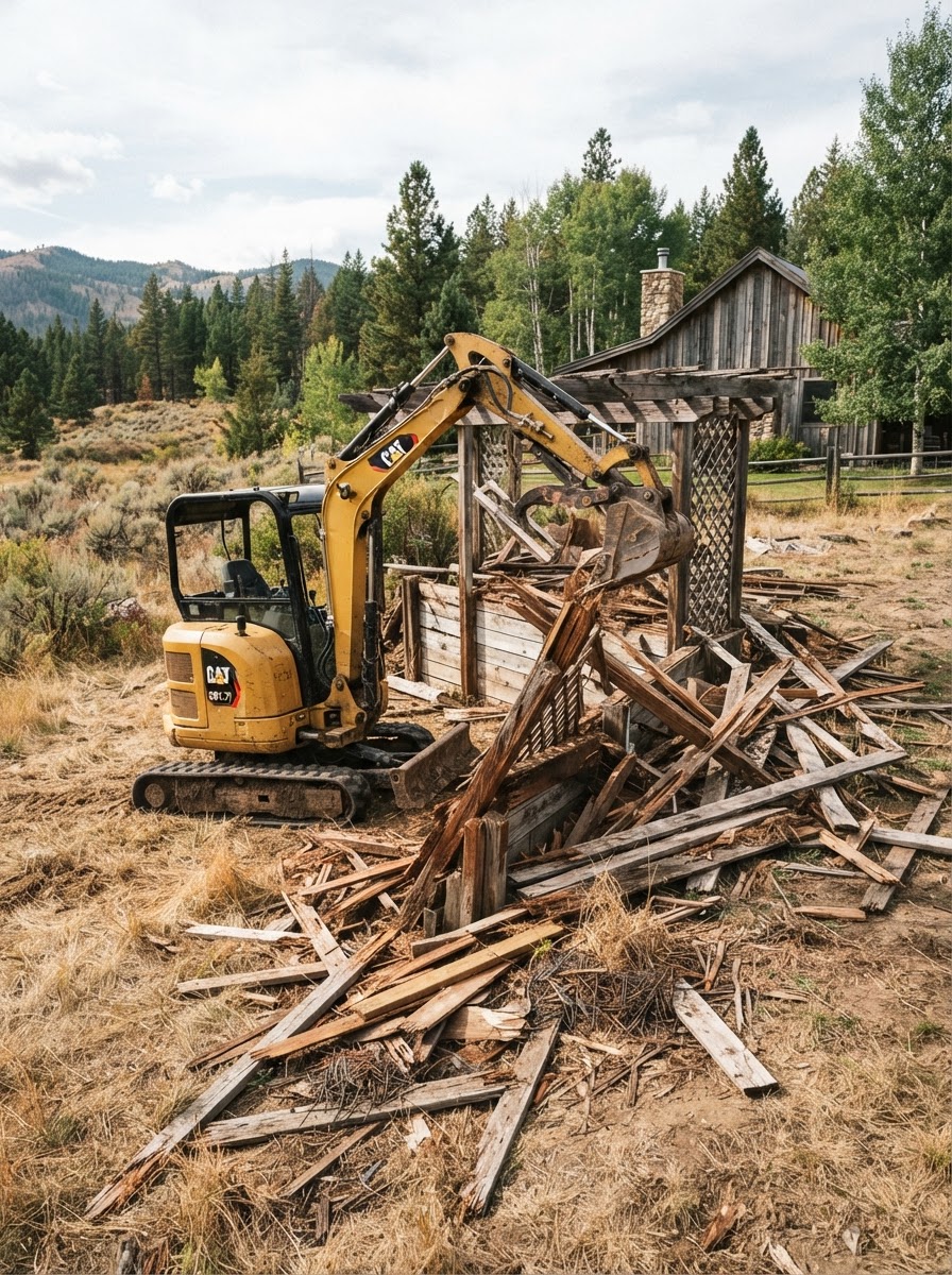 Compact mini excavator performing small demolition on a wooden landscape structure