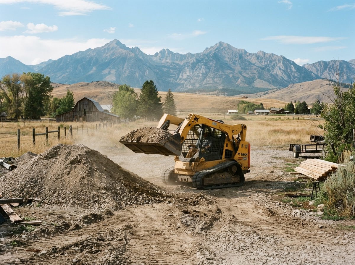Compact skid-steer loader moving gravel and material on a rural Gallatin Valley property