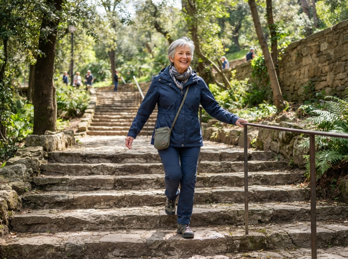 Active mature woman walking up outdoor steps with balance and confidence