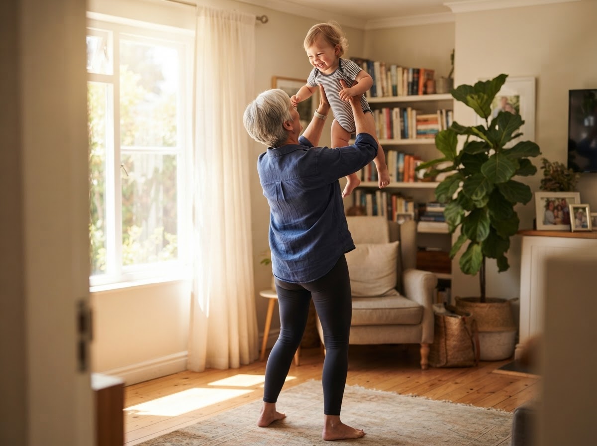 Grandmother lifting grandchild overhead with strength and joy