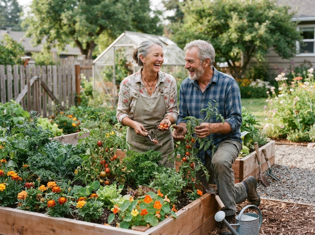 Vibrant active couple enjoying gardening together outdoors with vitality and independence
