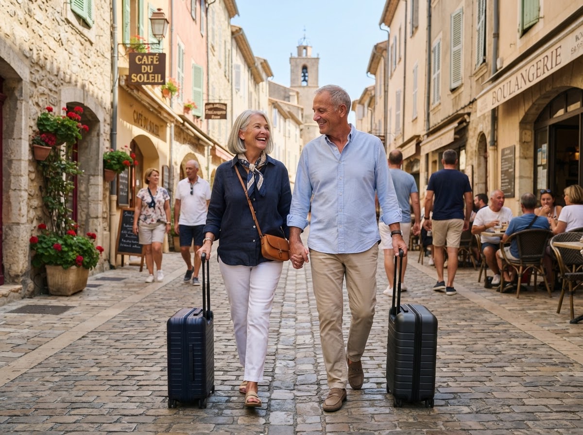 Energetic couple in their 60s walking smoothly through a travel destination with luggage