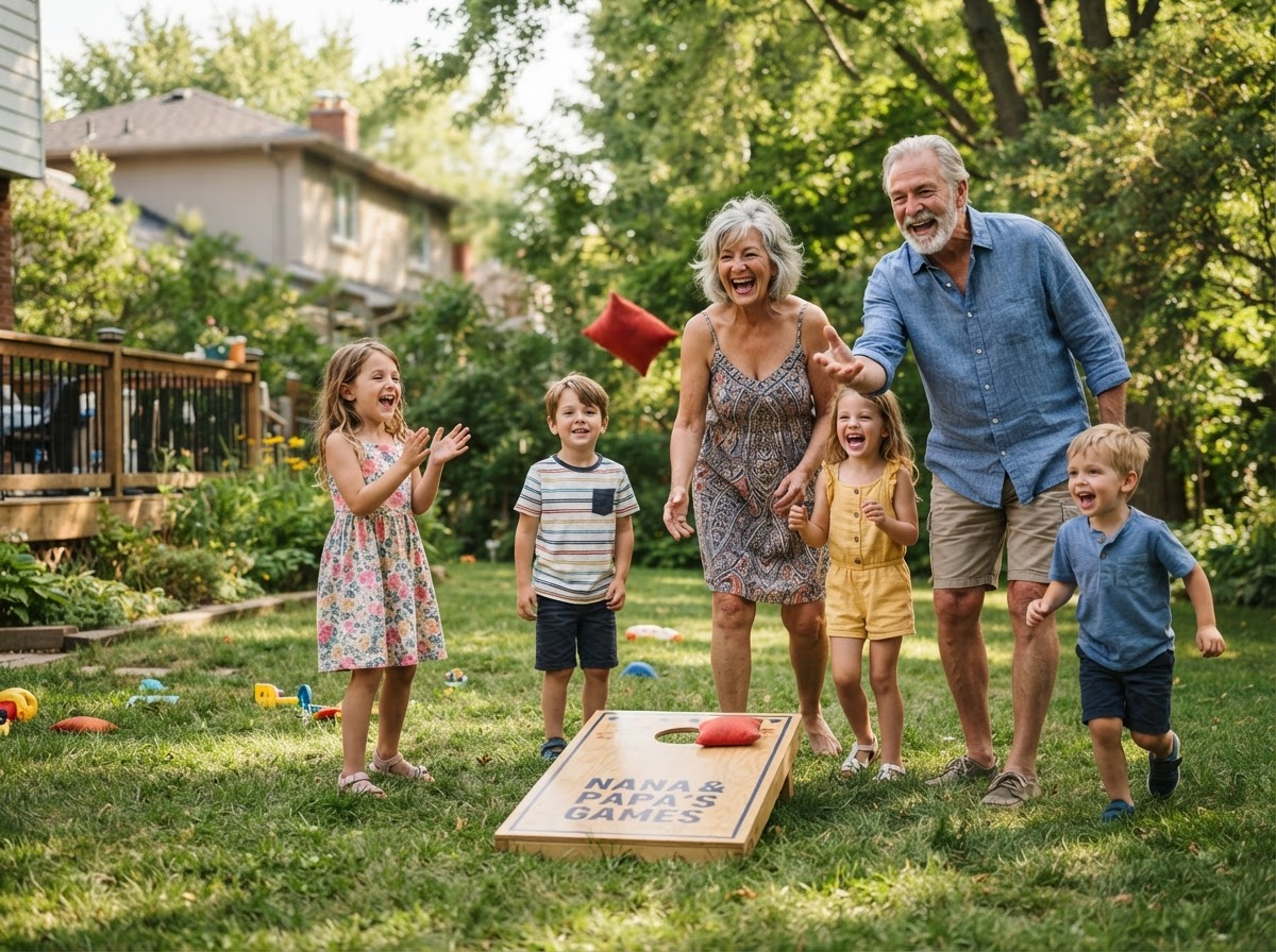 Active grandparents smiling and playing outdoors with grandkids on the lawn