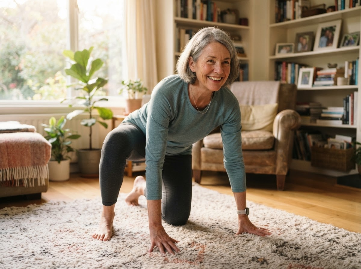 Active mature woman naturally rising from the floor with ease in her sunlit home